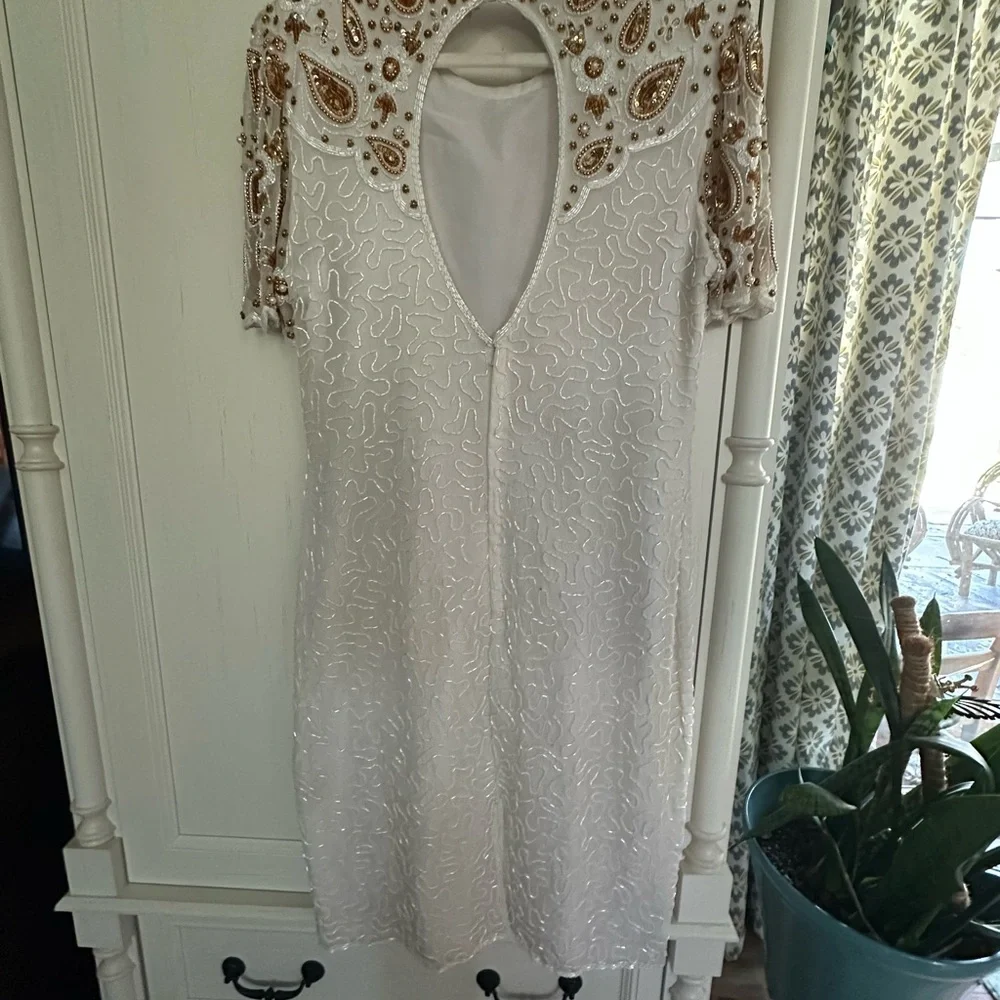 Vintage Lawrence Kazar Silk Beaded Sequined White And Gold Evening Dress Size L - Picture 4 of 7